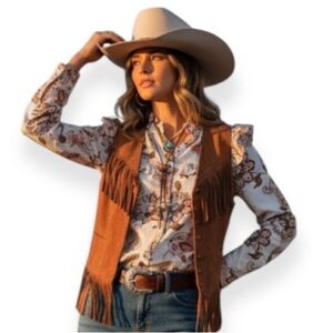 AVARA 100%Cotton Elegant Floral Ruffles Button Down Shirt with Brown Details